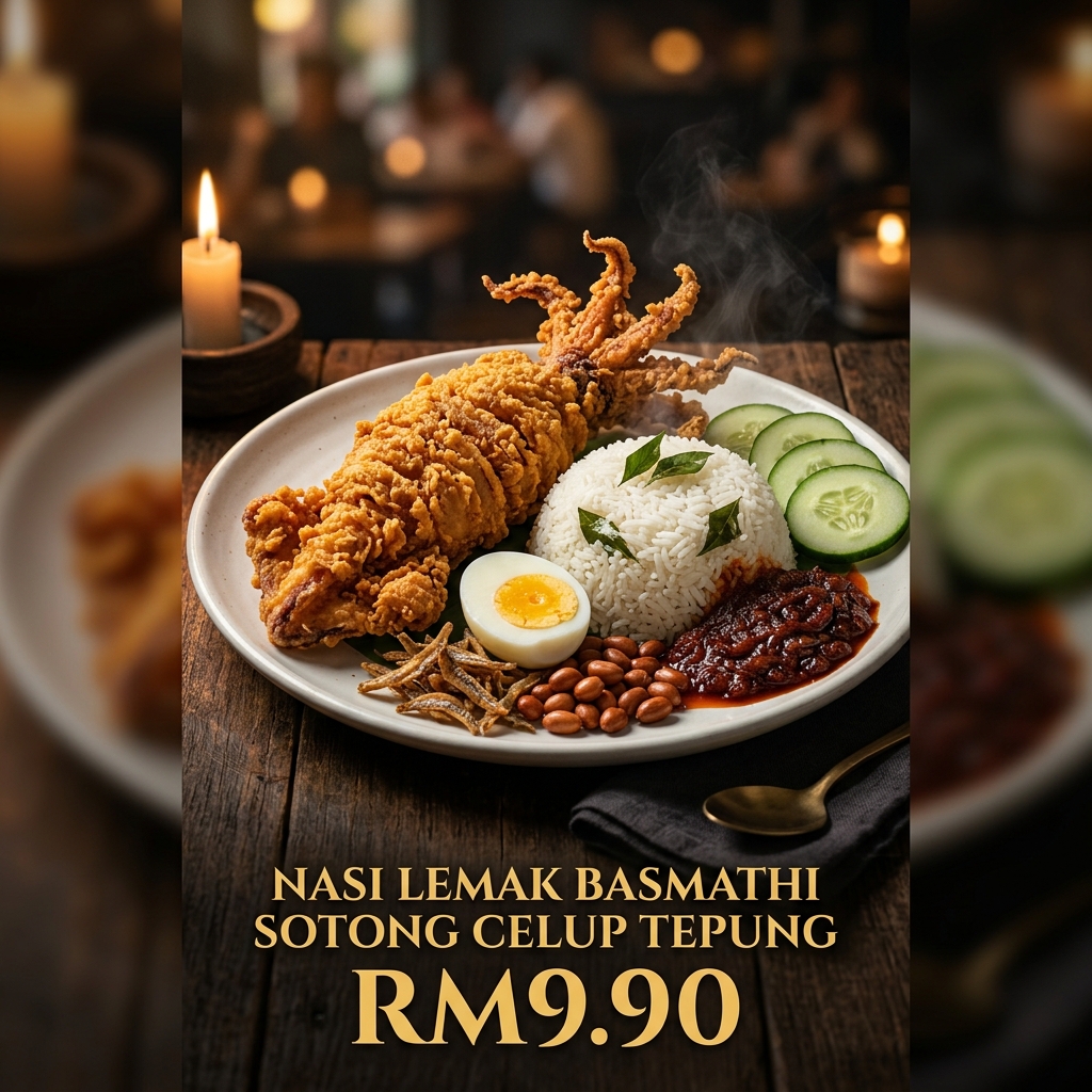 Nasi Lemak Basmathi Sotong Celup Tepung